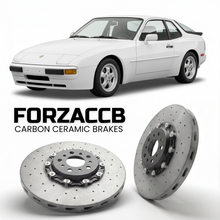 ForzaCCB direct OEM replacement carbon ceramic brake rotors for 1982 to 1989 Porsche 944 NA models, shown with a white Porsche 944 NA car.