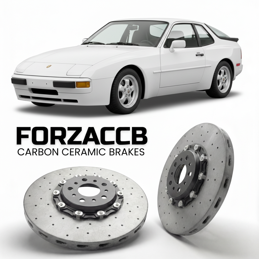 ForzaCCB direct OEM replacement carbon ceramic brake rotors for 1982 to 1989 Porsche 944 NA models, shown with a white Porsche 944 NA car.