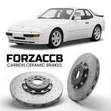ForzaCCB direct OEM replacement carbon ceramic brake rotors for 1987 to 1988 Porsche 944 S models, shown with a white Porsche 944 S car.