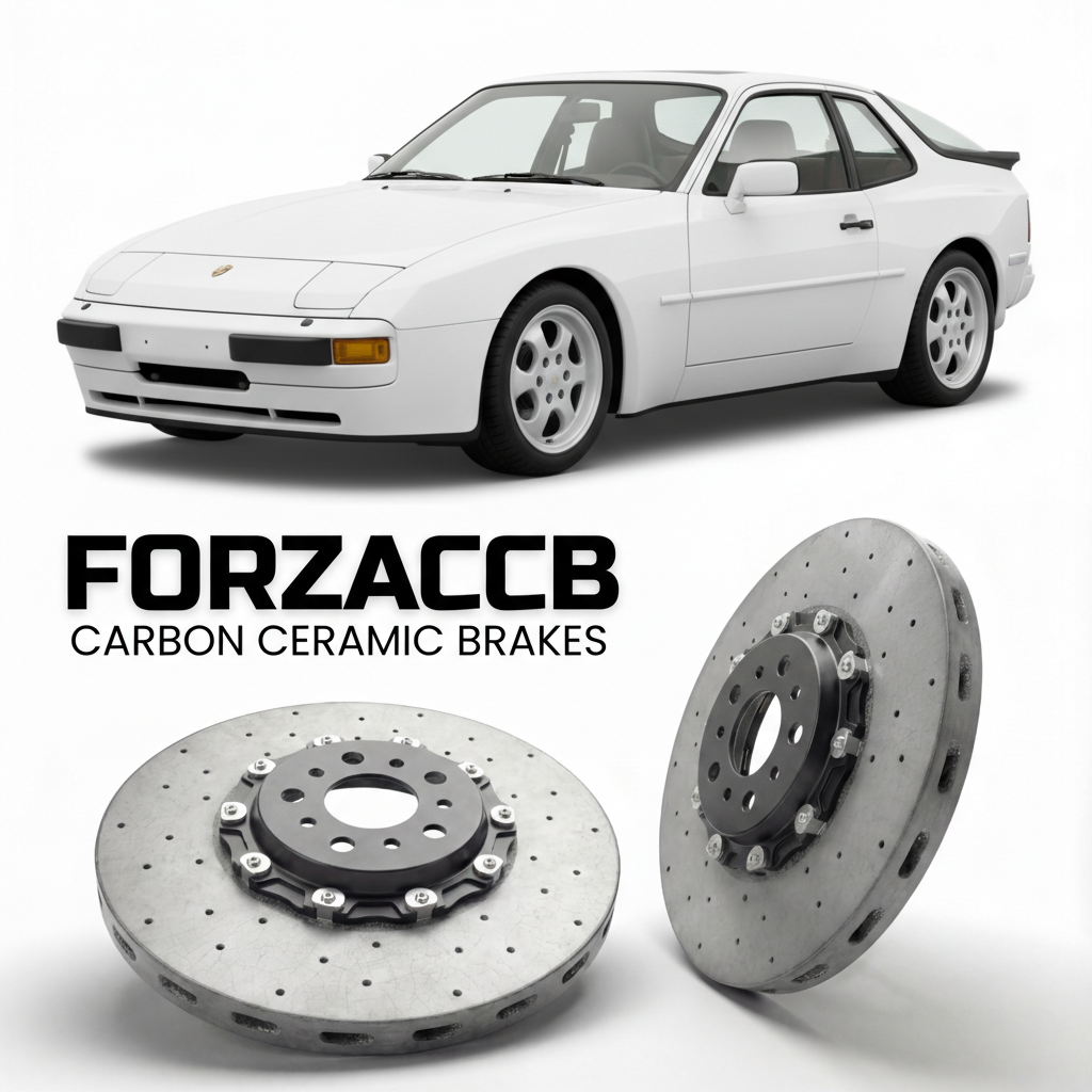 ForzaCCB direct OEM replacement carbon ceramic brake rotors for 1987 to 1988 Porsche 944 S models, shown with a white Porsche 944 S car.