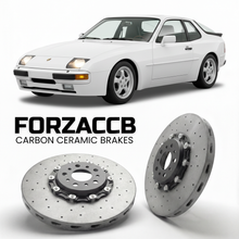 ForzaCCB direct OEM replacement carbon ceramic brake rotors for 1989 to 1991 Porsche 944 S2 models, shown with a white Porsche 944 S2 car.