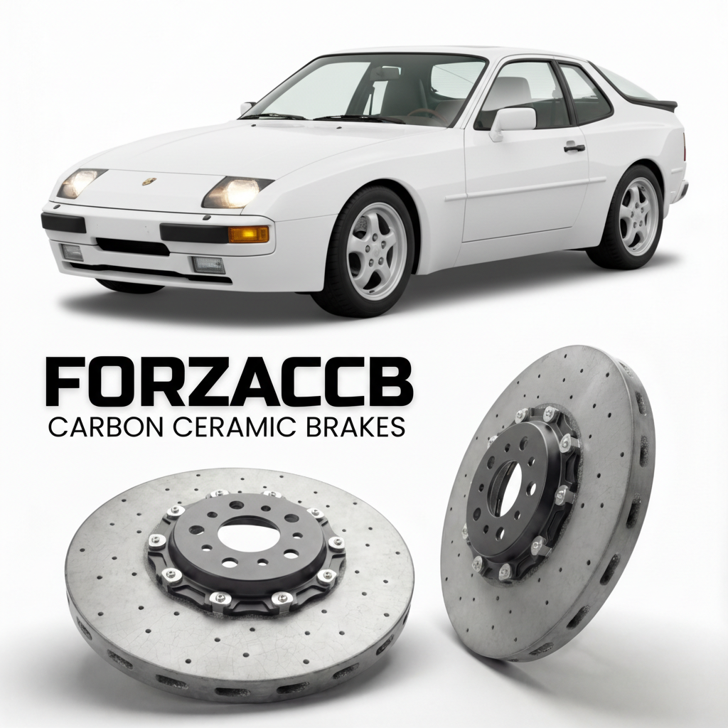 ForzaCCB direct OEM replacement carbon ceramic brake rotors for 1989 to 1991 Porsche 944 S2 models, shown with a white Porsche 944 S2 car.