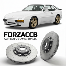 ForzaCCB direct OEM replacement carbon ceramic brake rotors for 1989 to 1991 Porsche 944 S2 M030 models, shown with a white Porsche 944 S2 M030 car.