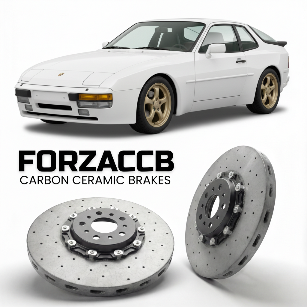 ForzaCCB direct OEM replacement carbon ceramic brake rotors for 1989 to 1991 Porsche 944 S2 M030 models, shown with a white Porsche 944 S2 M030 car.
