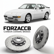 ForzaCCB direct OEM replacement carbon ceramic brake rotors for 1986 Porsche 944 Turbo 951 models, shown with a white Porsche 944 Turbo car.