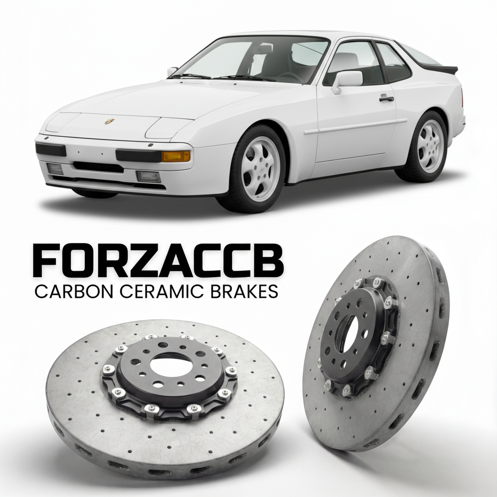 ForzaCCB direct OEM replacement carbon ceramic brake rotors for 1986 Porsche 944 Turbo 951 models, shown with a white Porsche 944 Turbo car.