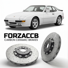ForzaCCB direct OEM replacement carbon ceramic brake rotors for 1987 to 1988 Porsche 944 Turbo 951 models, shown with a white Porsche 944 Turbo car.