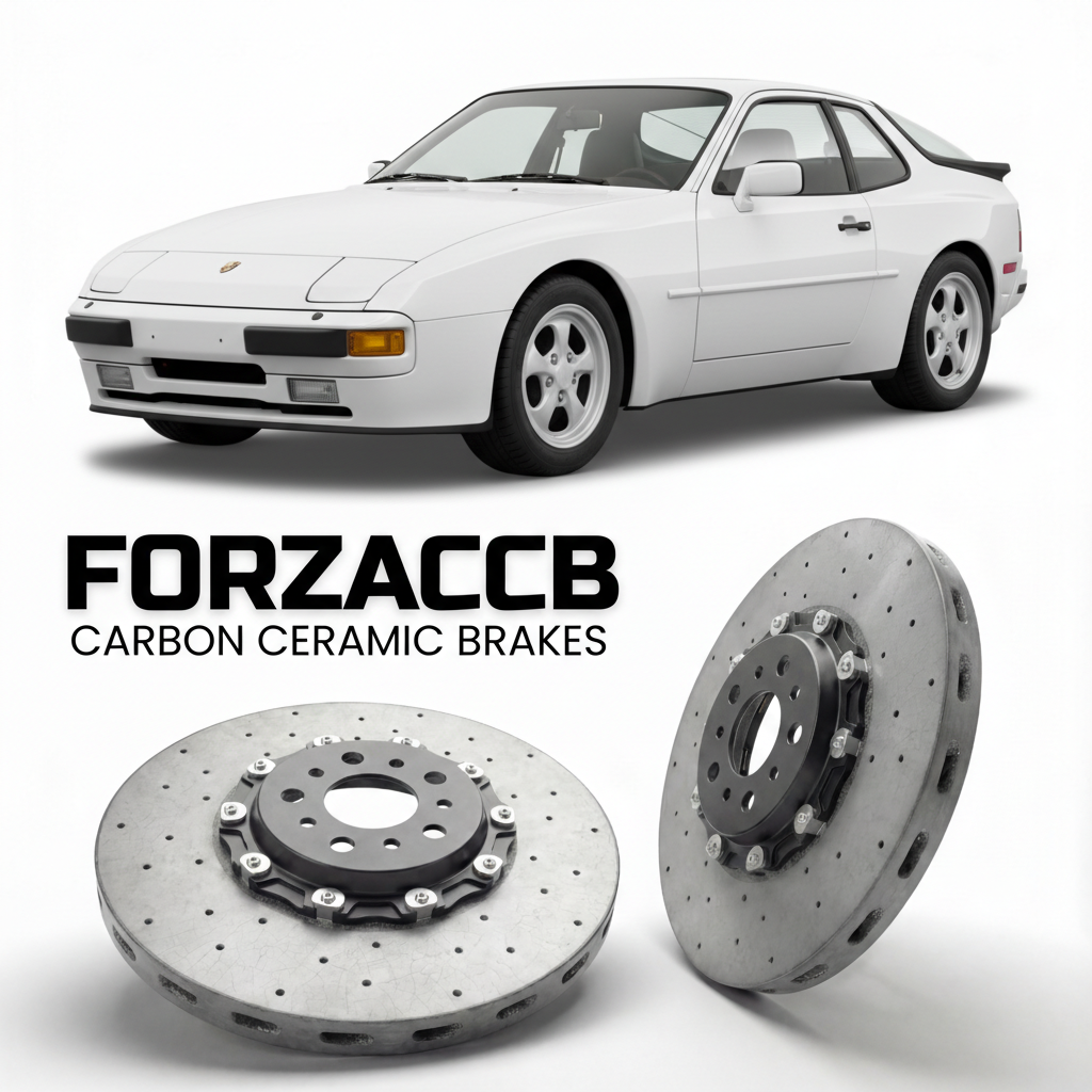 ForzaCCB direct OEM replacement carbon ceramic brake rotors for 1987 to 1988 Porsche 944 Turbo 951 models, shown with a white Porsche 944 Turbo car.