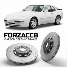 ForzaCCB direct OEM replacement carbon ceramic brake rotors for 1988 to 1989 Porsche 944 Turbo S models, shown with a white Porsche 944 Turbo S car.