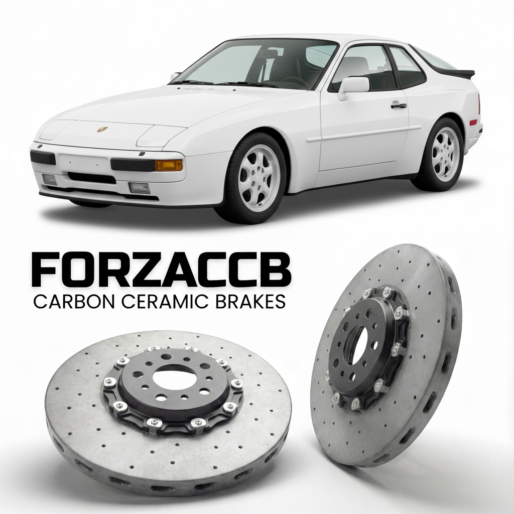 ForzaCCB direct OEM replacement carbon ceramic brake rotors for 1988 to 1989 Porsche 944 Turbo S models, shown with a white Porsche 944 Turbo S car.