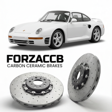 ForzaCCB direct OEM replacement carbon ceramic brake rotors for 1986 to 1988 Porsche 959 models, shown with a white Porsche 959 car.