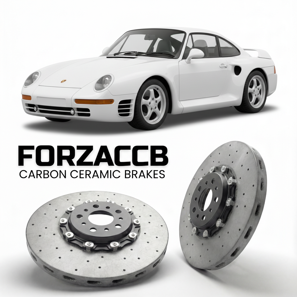 ForzaCCB direct OEM replacement carbon ceramic brake rotors for 1986 to 1988 Porsche 959 models, shown with a white Porsche 959 car.
