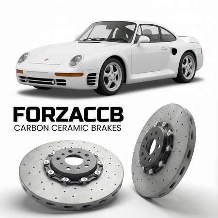 ForzaCCB direct OEM replacement carbon ceramic brake rotors for 1986 to 1988 Porsche 959 models, shown with a white Porsche 959 car.