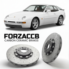 ForzaCCB direct OEM replacement carbon ceramic brake rotors for 1992 to 1995 Porsche 968 Base models, shown with a white Porsche 968 Base car.