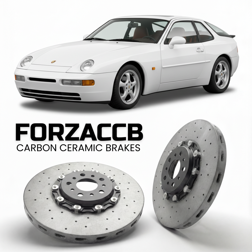 ForzaCCB direct OEM replacement carbon ceramic brake rotors for 1992 to 1995 Porsche 968 Base models, shown with a white Porsche 968 Base car.