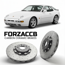 ForzaCCB direct OEM replacement carbon ceramic brake rotors for 1992 to 1995 Porsche 968 M030 models, shown with a white Porsche 968 M030 car.