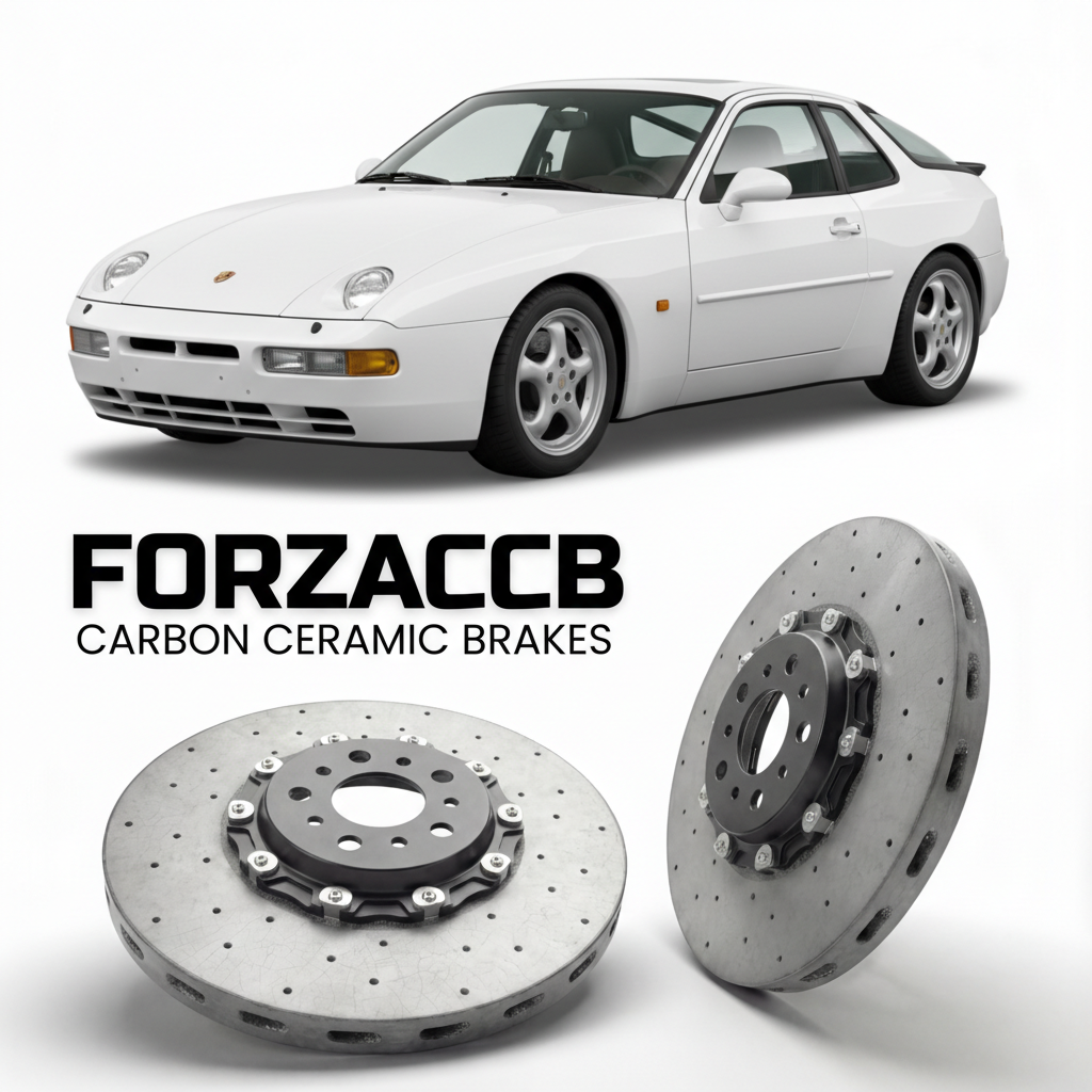 ForzaCCB direct OEM replacement carbon ceramic brake rotors for 1992 to 1995 Porsche 968 M030 models, shown with a white Porsche 968 M030 car.
