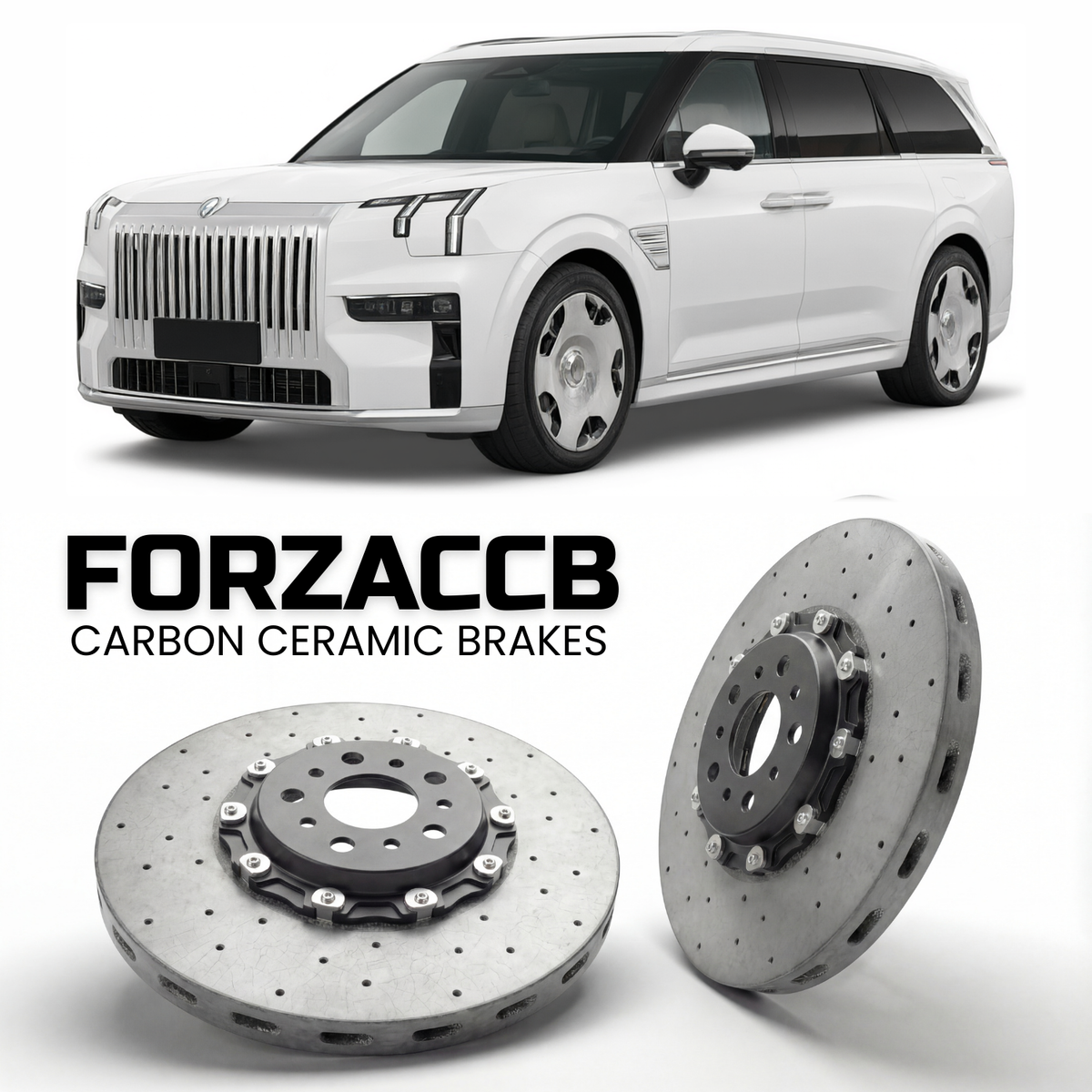 ForzaCCB direct OEM replacement carbon ceramic brake rotors for 2025 and newer Zeekr 9X models, shown with a white Zeekr 9X car.