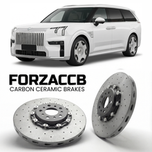 ForzaCCB direct OEM replacement carbon ceramic brake rotors for 2025 and newer Zeekr 9X models, shown with a white Zeekr 9X car.