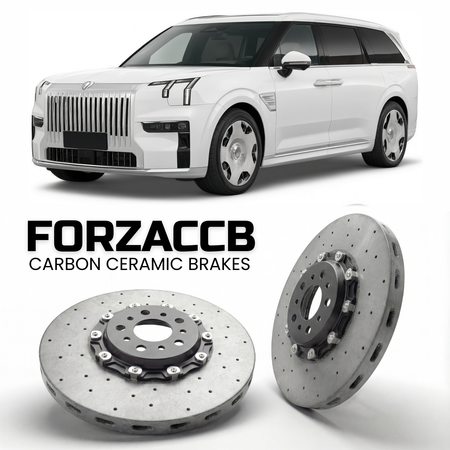 ForzaCCB direct OEM replacement carbon ceramic brake rotors for 2025 and newer Zeekr 9X models, shown with a white Zeekr 9X car.