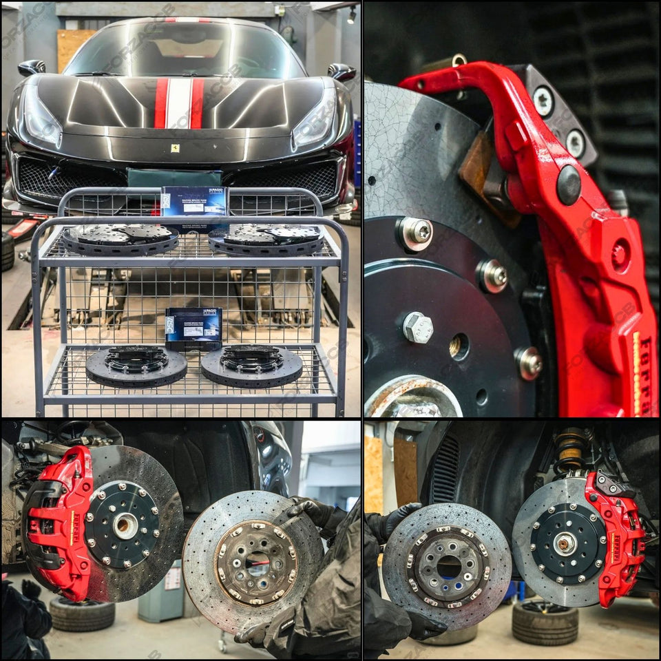 Collage of Ferrari 488 Pista CCB brake components including calipers, rotors, and brake pads.