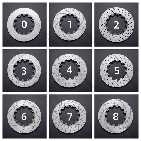 Collage of nine brake steel rotor drill and slot pattern variations, labeled 0 through 8.