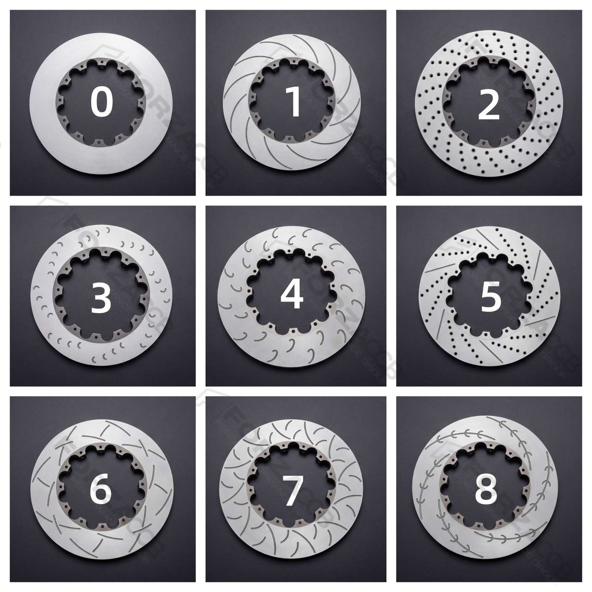 Collage of nine brake steel rotor drill and slot pattern variations, labeled 0 through 8.