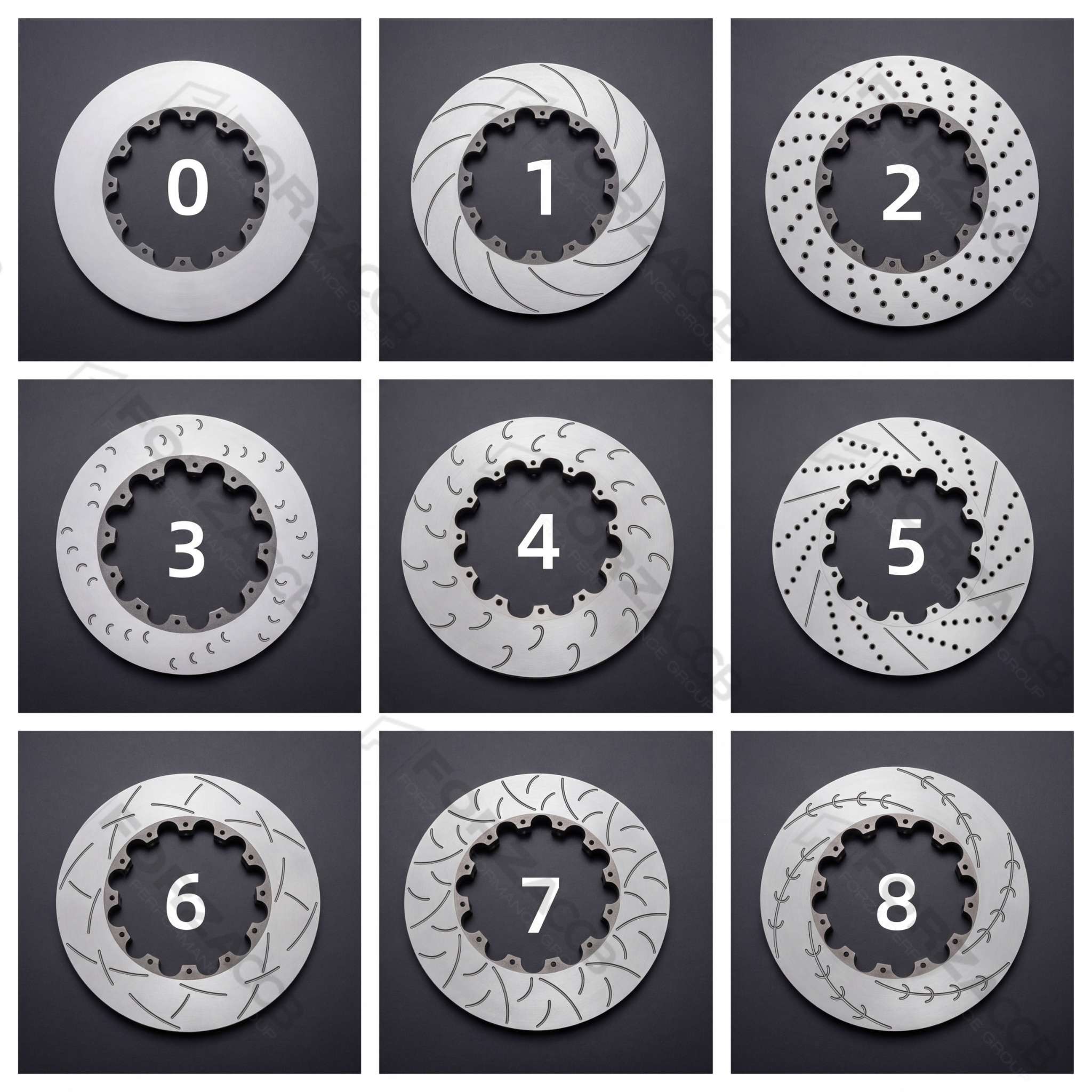 Collage of nine brake steel rotor drill and slot pattern variations, labeled 0 through 8.