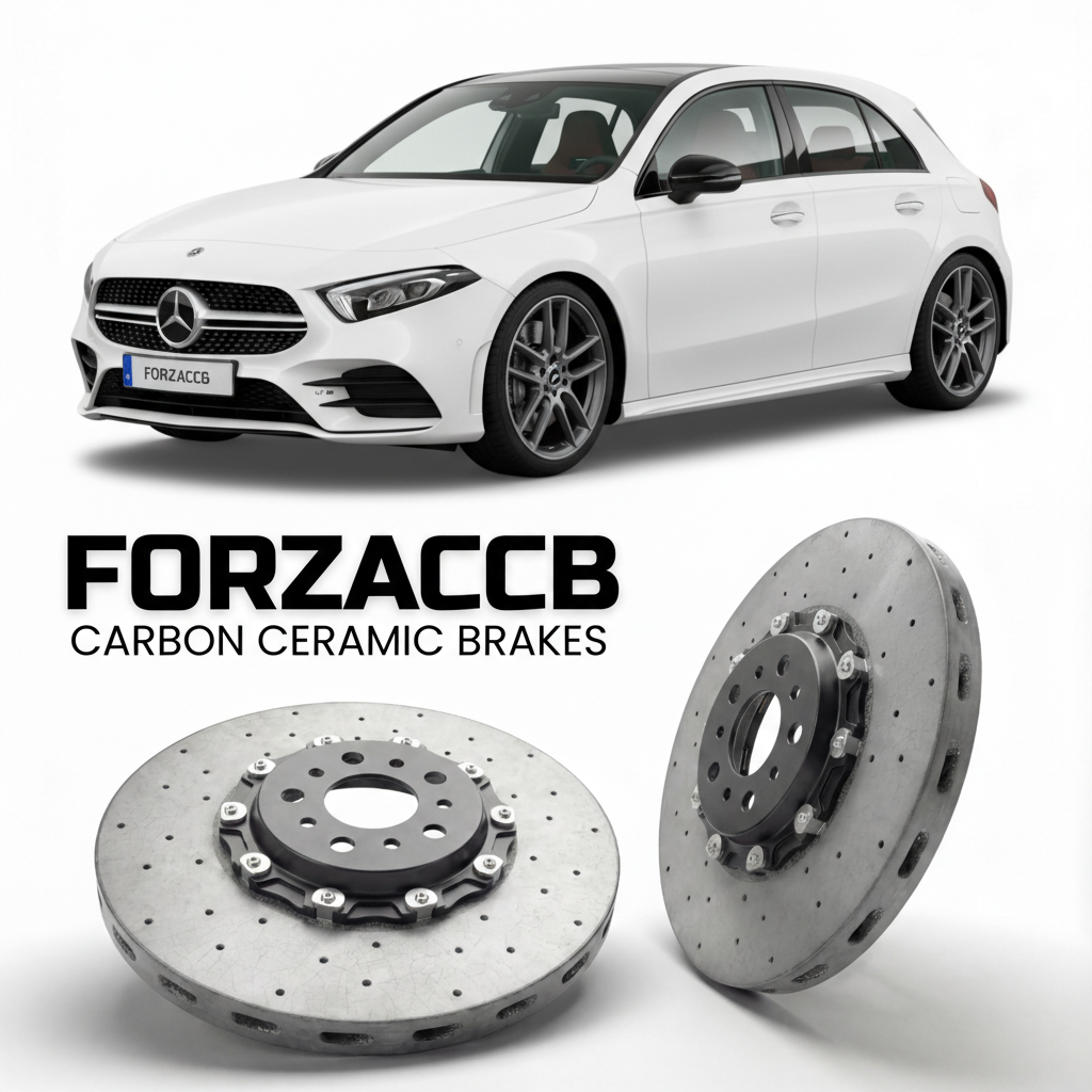 ForzaCCB direct OEM replacement carbon ceramic brake rotors for 2018- Mercedes-Benz A 35 AMG W177/V177 models, shown with a white Mercedes-Benz A 35 AMG car.