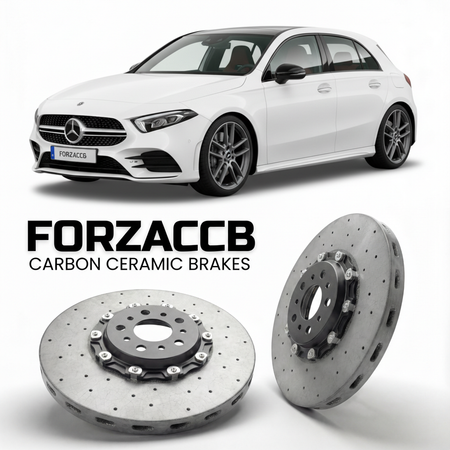 ForzaCCB direct OEM replacement carbon ceramic brake rotors for 2018- Mercedes-Benz A 35 AMG W177/V177 models, shown with a white Mercedes-Benz A 35 AMG car.