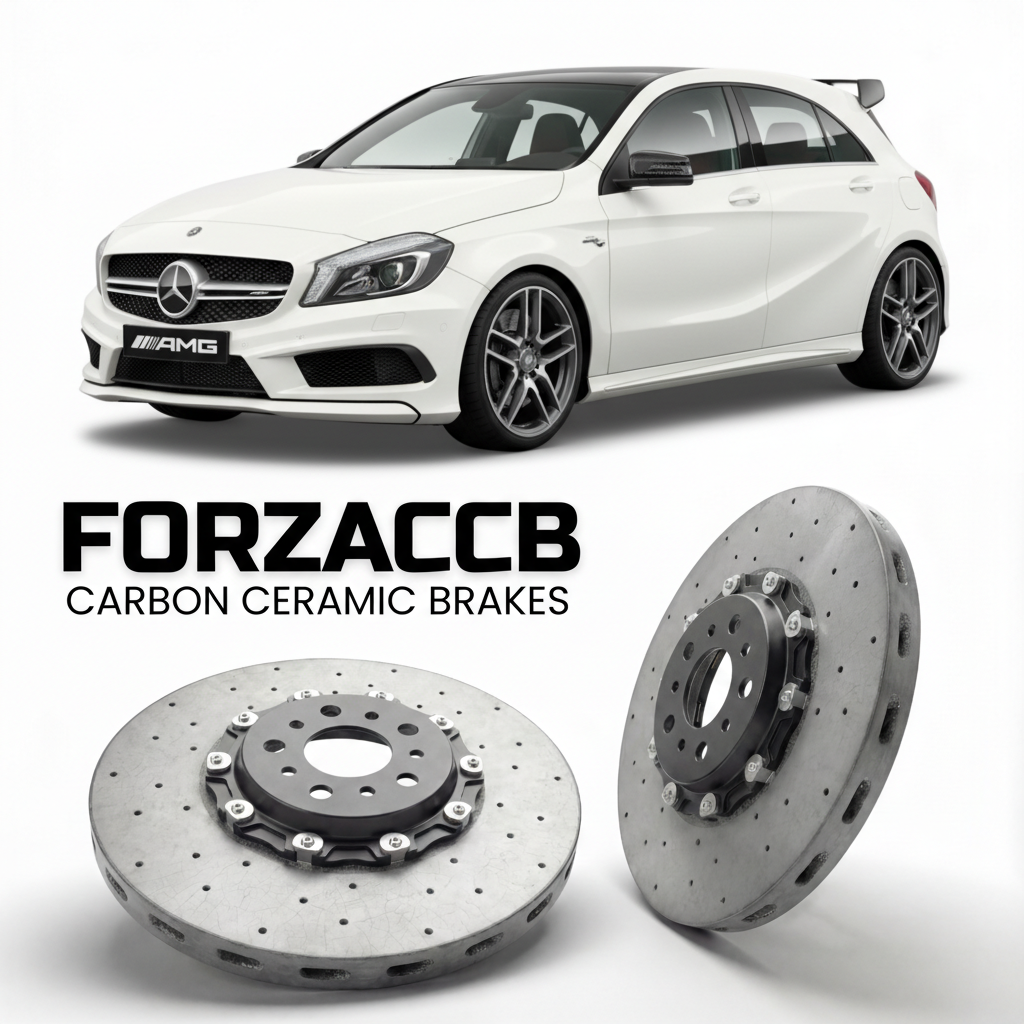 ForzaCCB direct OEM replacement carbon ceramic brake rotors for 2013 to 2018 Mercedes-Benz A 45 AMG W176 models, shown with a white Mercedes-Benz A 45 AMG car.