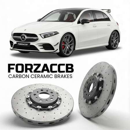 ForzaCCB direct OEM replacement carbon ceramic brake rotors for 2018- Mercedes-Benz A 45 AMG W177/V177 models, shown with a white Mercedes-Benz A 45 AMG car.