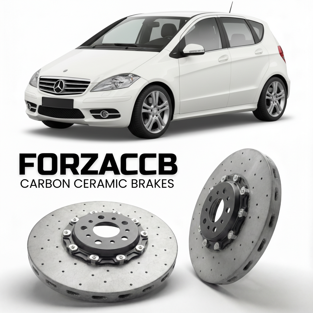 ForzaCCB direct OEM replacement carbon ceramic brake rotors for 2005 to 2012 Mercedes-Benz A-Class W169 models, shown with a white Mercedes-Benz A-Class car.