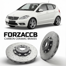 ForzaCCB direct OEM replacement carbon ceramic brake rotors for 2005 to 2012 Mercedes-Benz A-Class W169 models, shown with a white Mercedes-Benz A-Class car.