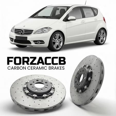 ForzaCCB direct OEM replacement carbon ceramic brake rotors for 2005 to 2012 Mercedes-Benz A-Class W169 models, shown with a white Mercedes-Benz A-Class car.
