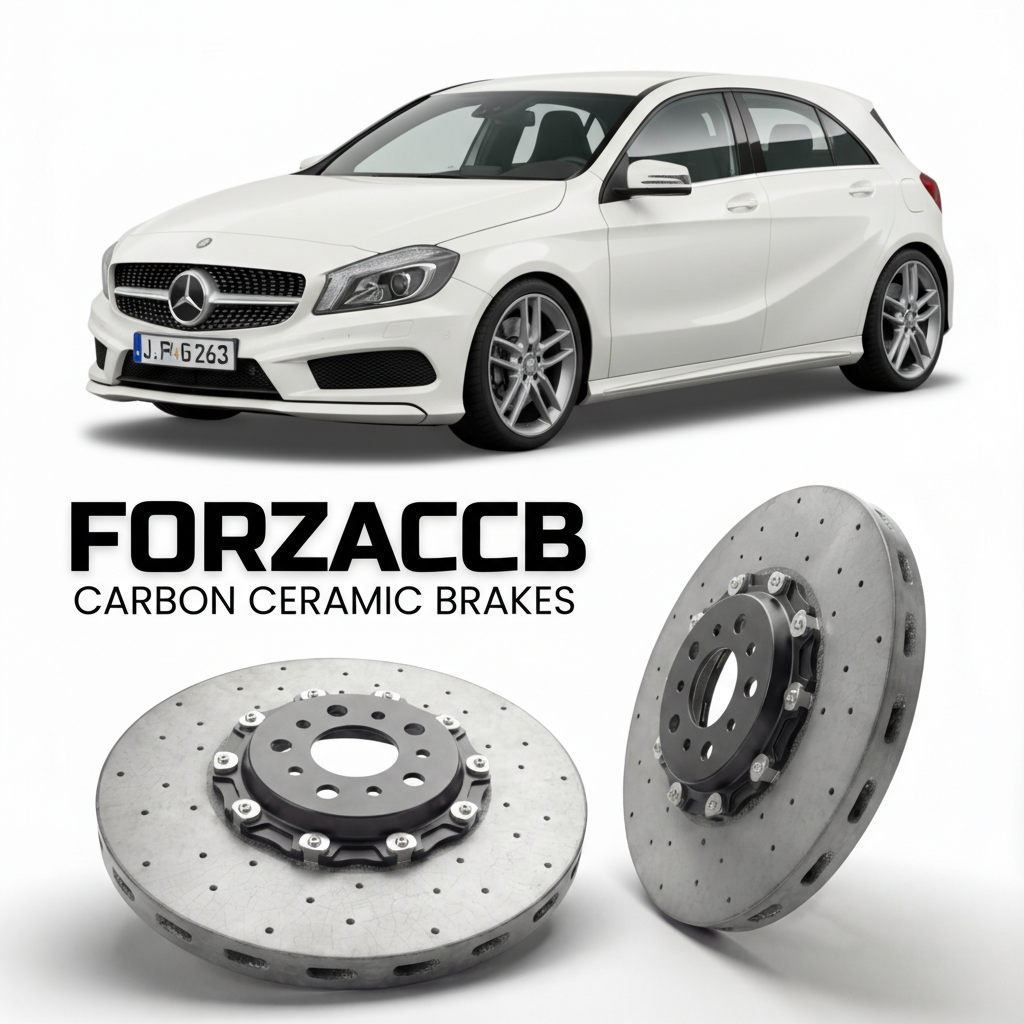ForzaCCB direct OEM replacement carbon ceramic brake rotors for 2012 to 2018 Mercedes-Benz A-Class W176 models, shown with a white Mercedes-Benz A-Class car.