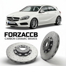 ForzaCCB direct OEM replacement carbon ceramic brake rotors for 2012 to 2018 Mercedes-Benz A-Class W176 models, shown with a white Mercedes-Benz A-Class car.