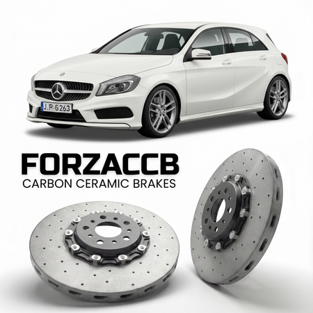 ForzaCCB direct OEM replacement carbon ceramic brake rotors for 2012 to 2018 Mercedes-Benz A-Class W176 models, shown with a white Mercedes-Benz A-Class car.