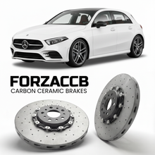 ForzaCCB direct OEM replacement carbon ceramic brake rotors for 2018- Mercedes-Benz A-Class W177/V177 models, shown with a white Mercedes-Benz A-Class car.