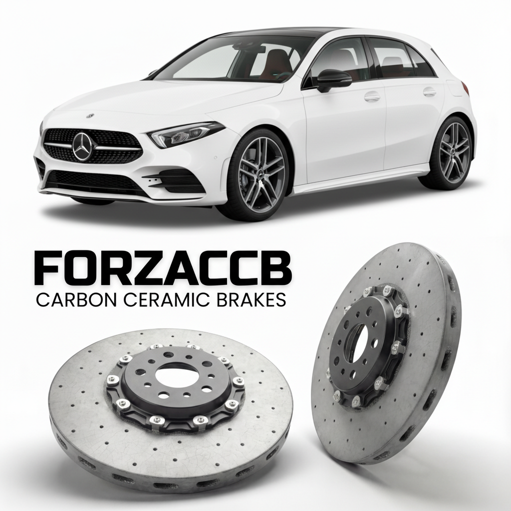 ForzaCCB direct OEM replacement carbon ceramic brake rotors for 2018- Mercedes-Benz A-Class W177/V177 models, shown with a white Mercedes-Benz A-Class car.