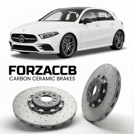ForzaCCB direct OEM replacement carbon ceramic brake rotors for 2018- Mercedes-Benz A-Class W177/V177 models, shown with a white Mercedes-Benz A-Class car.