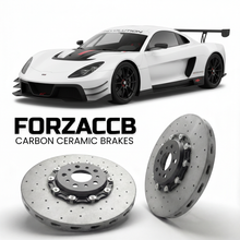ForzaCCB direct OEM replacement carbon ceramic brake rotors for 2023 to 2026 Revolution A-One 500SC models, shown with a white Revolution A-One 500SC car.