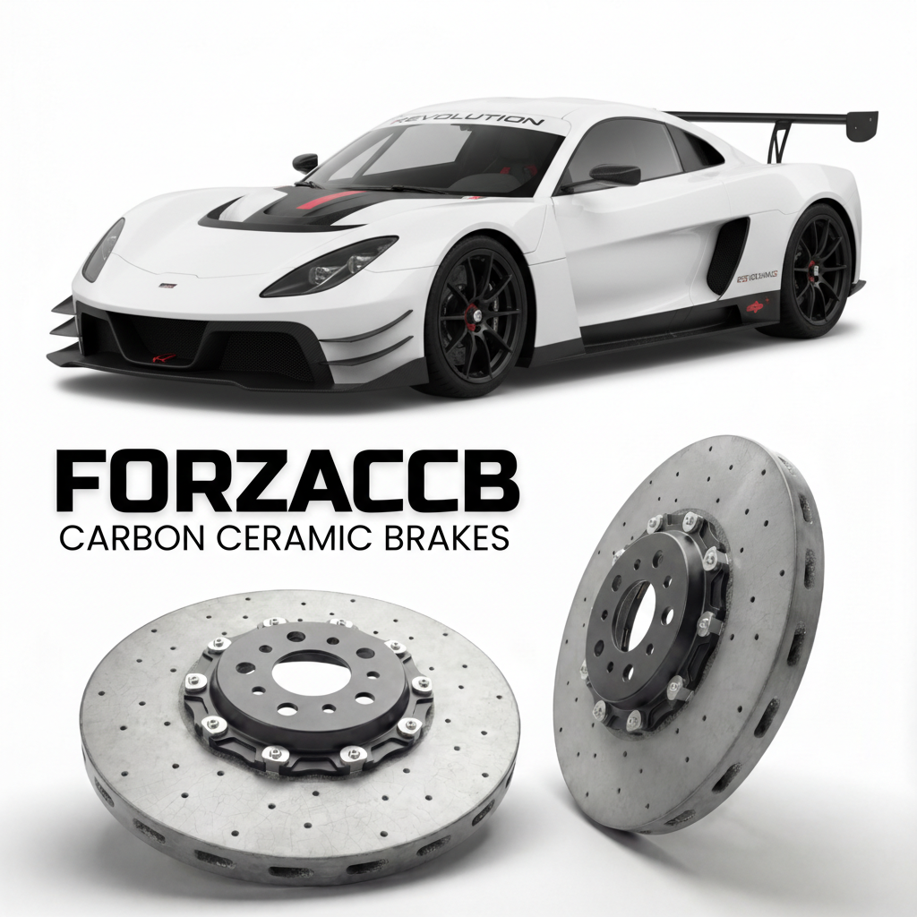 ForzaCCB direct OEM replacement carbon ceramic brake rotors for 2023 to 2026 Revolution A-One 500SC models, shown with a white Revolution A-One 500SC car.