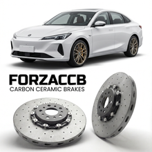 ForzaCCB direct OEM replacement carbon ceramic brake rotors for 2023 and newer Changan Nevo A05 models, shown with a white Changan Nevo A05 car.