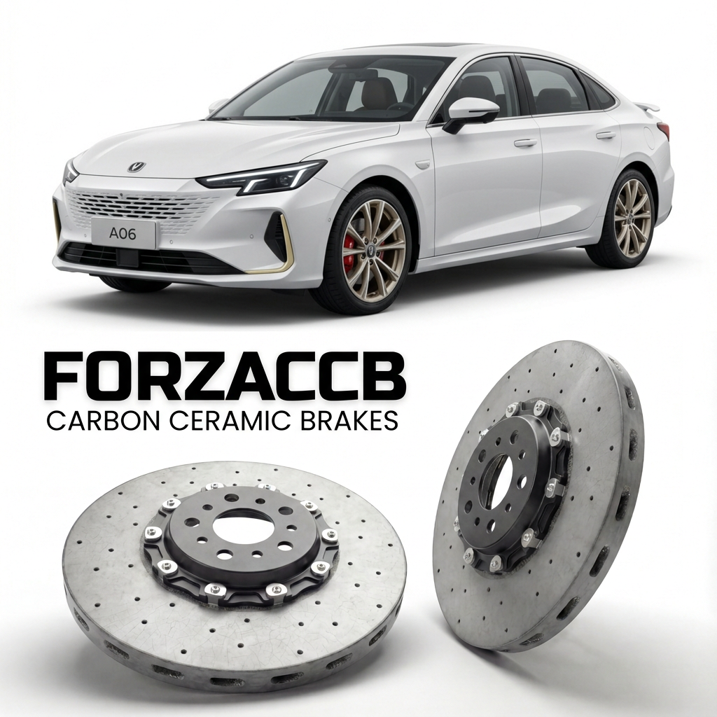 ForzaCCB direct OEM replacement carbon ceramic brake rotors for 2025 and newer Changan Nevo A06 models, shown with a white Changan Nevo A06 car.