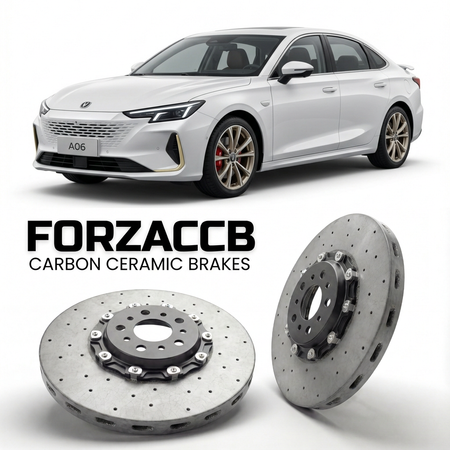 ForzaCCB direct OEM replacement carbon ceramic brake rotors for 2025 and newer Changan Nevo A06 models, shown with a white Changan Nevo A06 car.