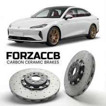 ForzaCCB direct OEM replacement carbon ceramic brake rotors for 2023 and newer Changan Nevo A07 models, shown with a white Changan Nevo A07 car.