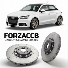 ForzaCCB direct OEM replacement carbon ceramic brake rotors for 2010 to 2018 Audi A1 8X models, shown with a white Audi A1 car.