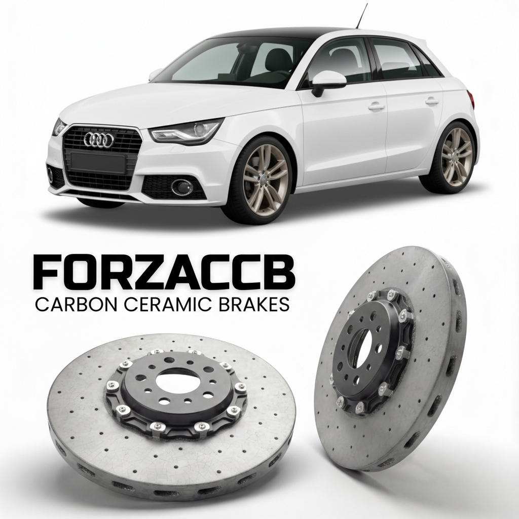 ForzaCCB direct OEM replacement carbon ceramic brake rotors for 2010 to 2018 Audi A1 8X models, shown with a white Audi A1 car.