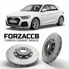 ForzaCCB direct OEM replacement carbon ceramic brake rotors for 2019 and newer Audi A1 GB models, shown with a white Audi A1 car.